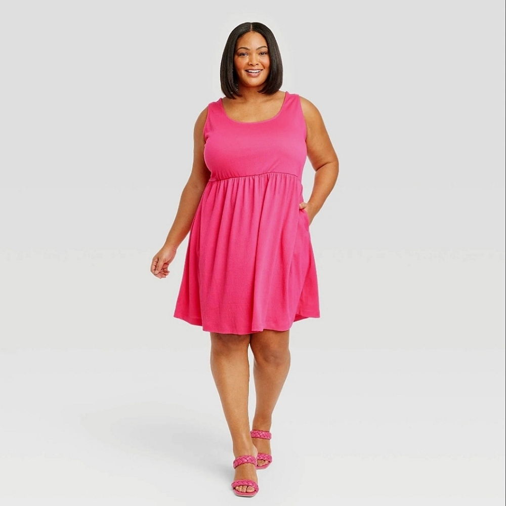 Ava & Viv | Babydoll Empire Waist Textured Sleeveless Dress | Pink